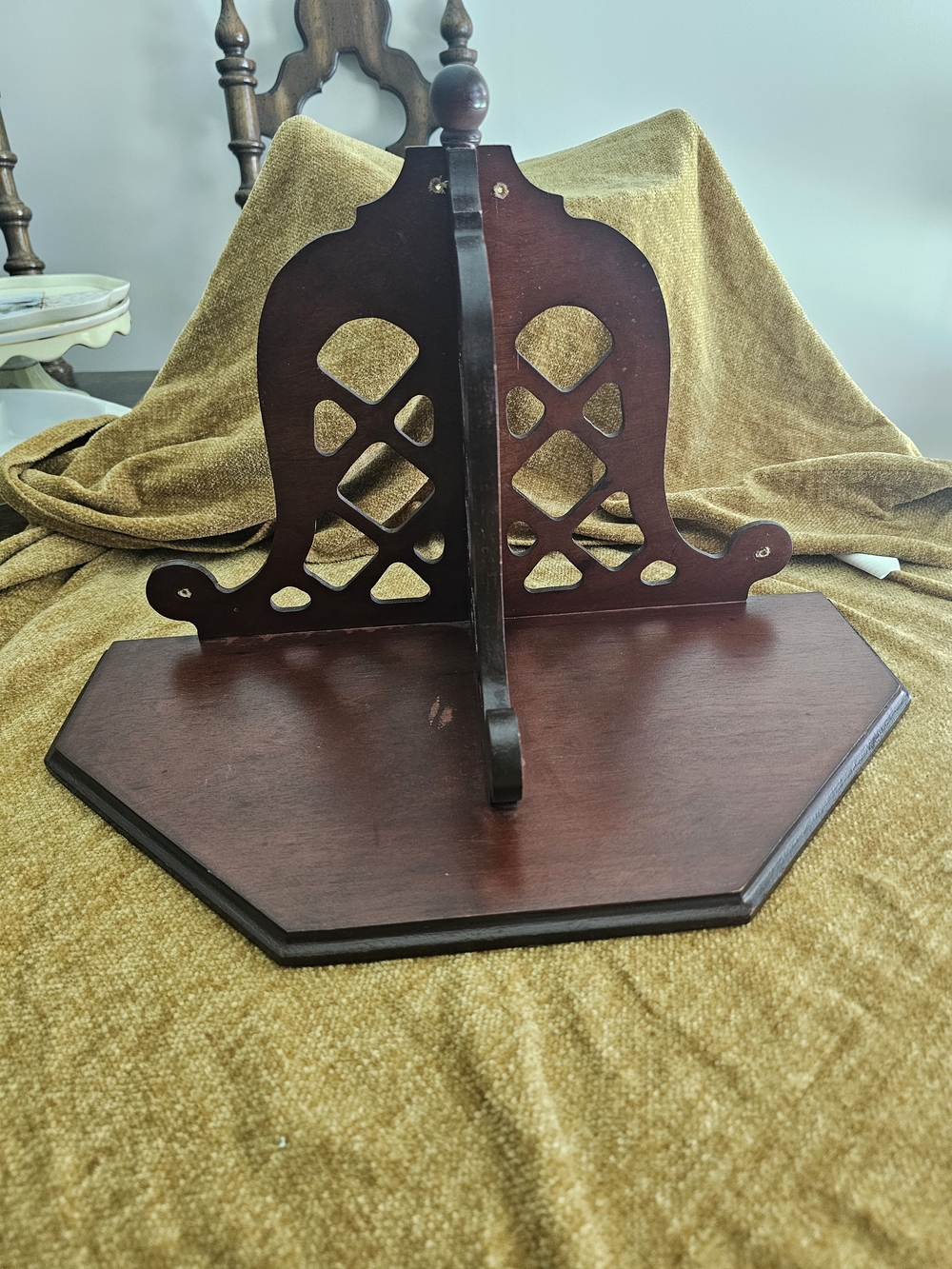 Vtg Wood Book Stand or Hang Brown Octagon Base w/ Pierced Lattice Panels